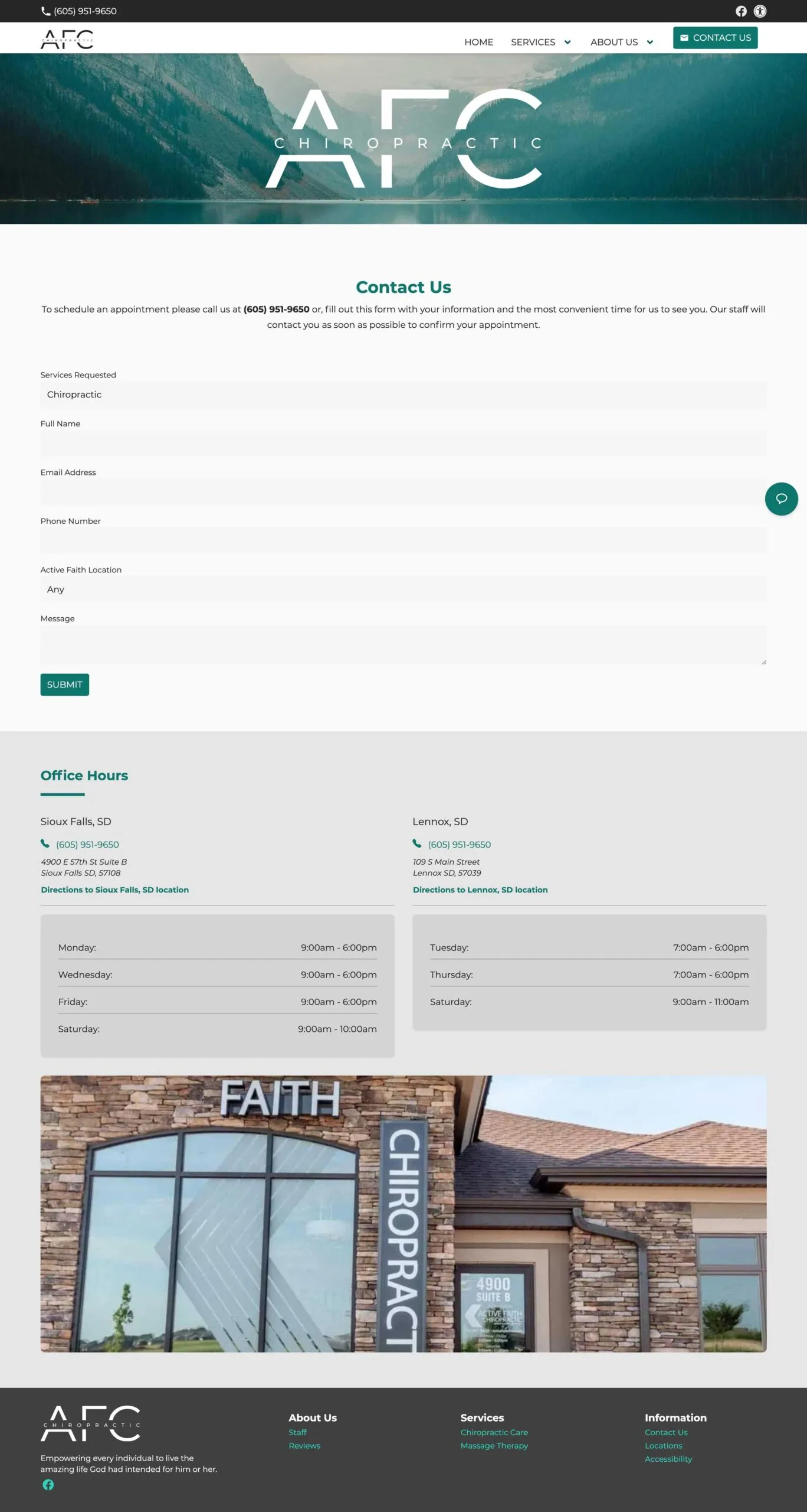 Chiropractic website contact us page with hours and locations