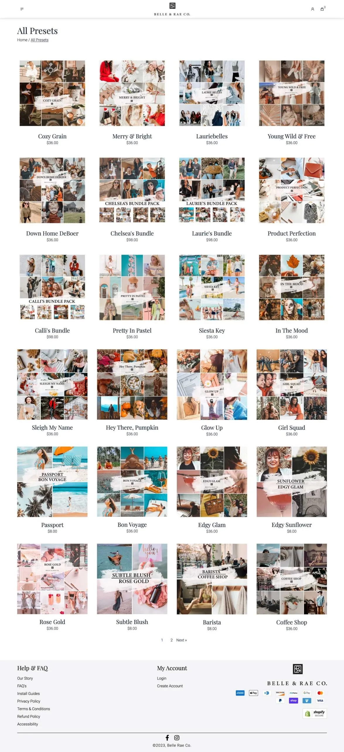 Shopify website collection page for a photographer