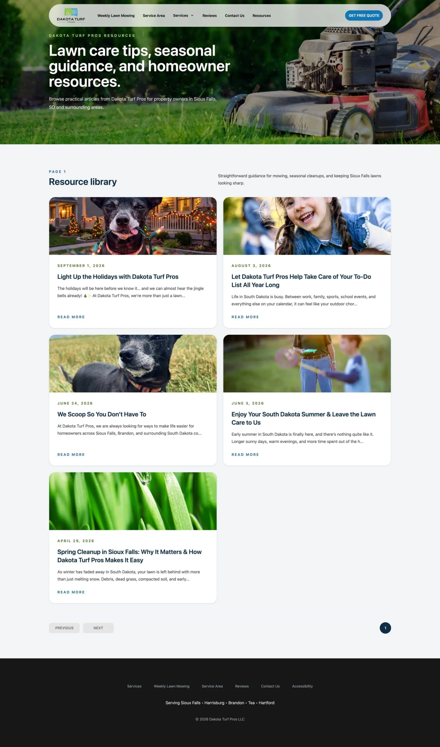 Lawncare company blog page showing different blog posts