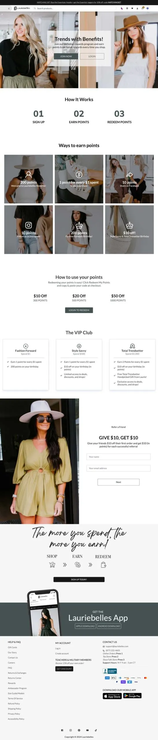 Women's boutique website rewards page