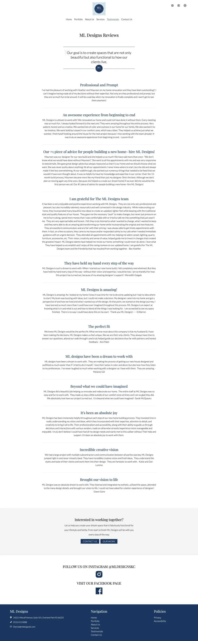 Testimonials page for interior design company