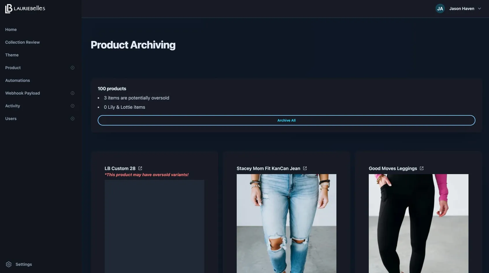 Custom Shopify app for archiving products