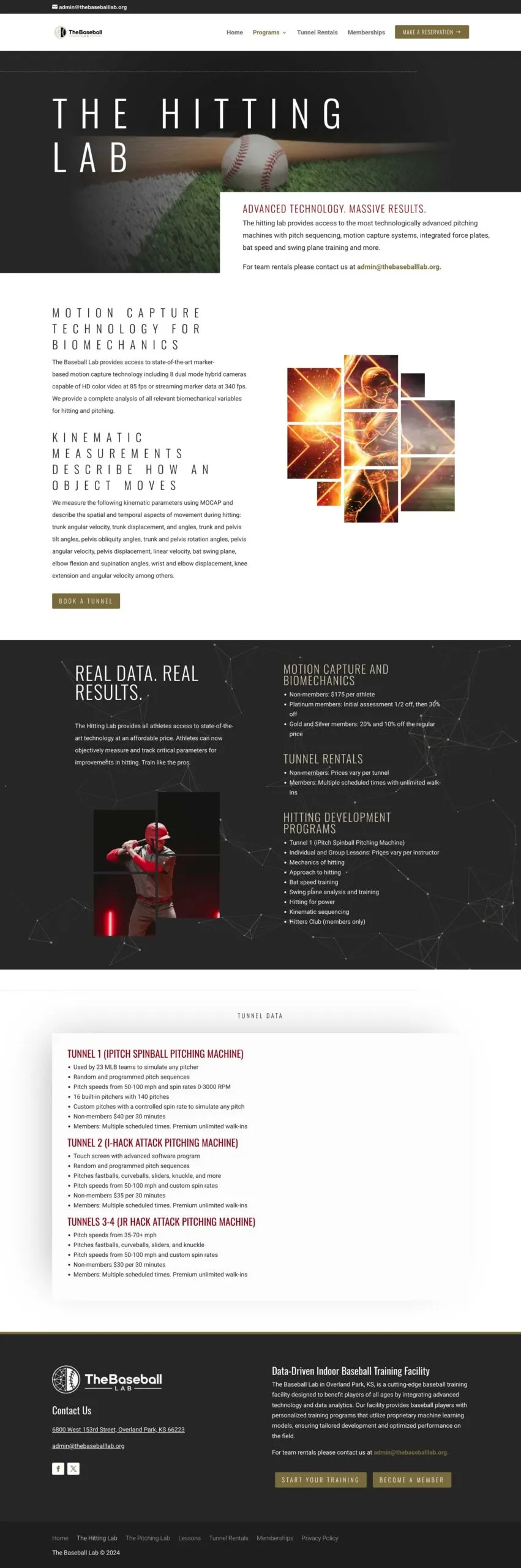 Website design for a baseball facility