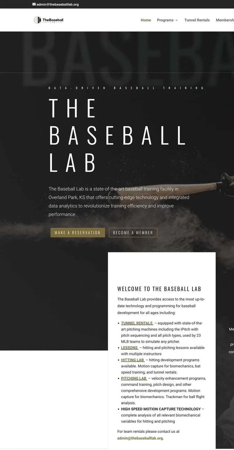 Indoor baseball training facility website